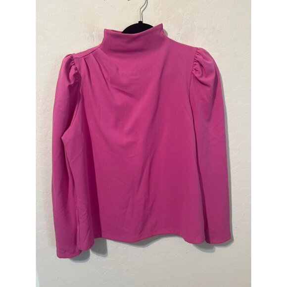 Ann Taylor Petite Sz LP Mock Neck Puff Sleeve Bright Pink Barbiecore Top Blouse - Picture 2 of 6